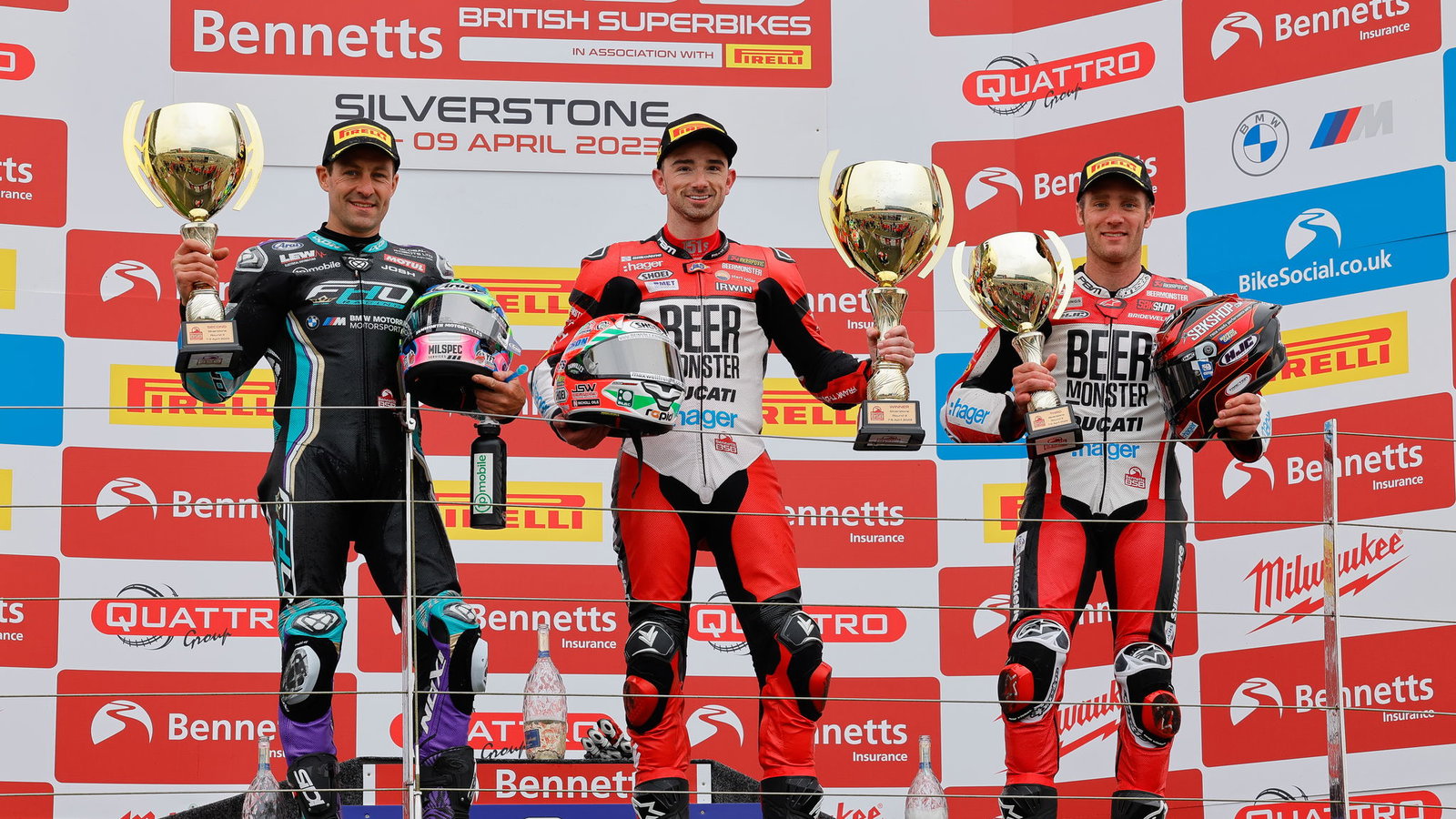 Podium, Silverstone, Race three, Round one, BSB, 2023, Irwin, Brookes, Bridewell